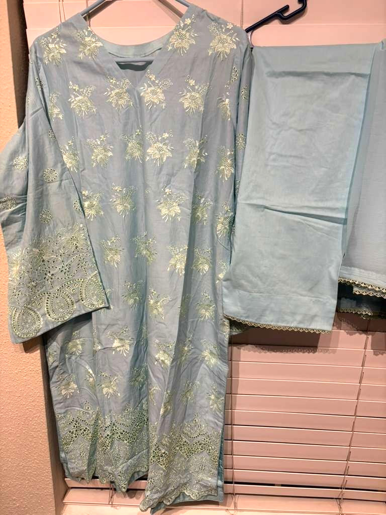 New Branded Pakistani/Indian Shalwar Kameez Blue Stitched 3 Piece Large-XL