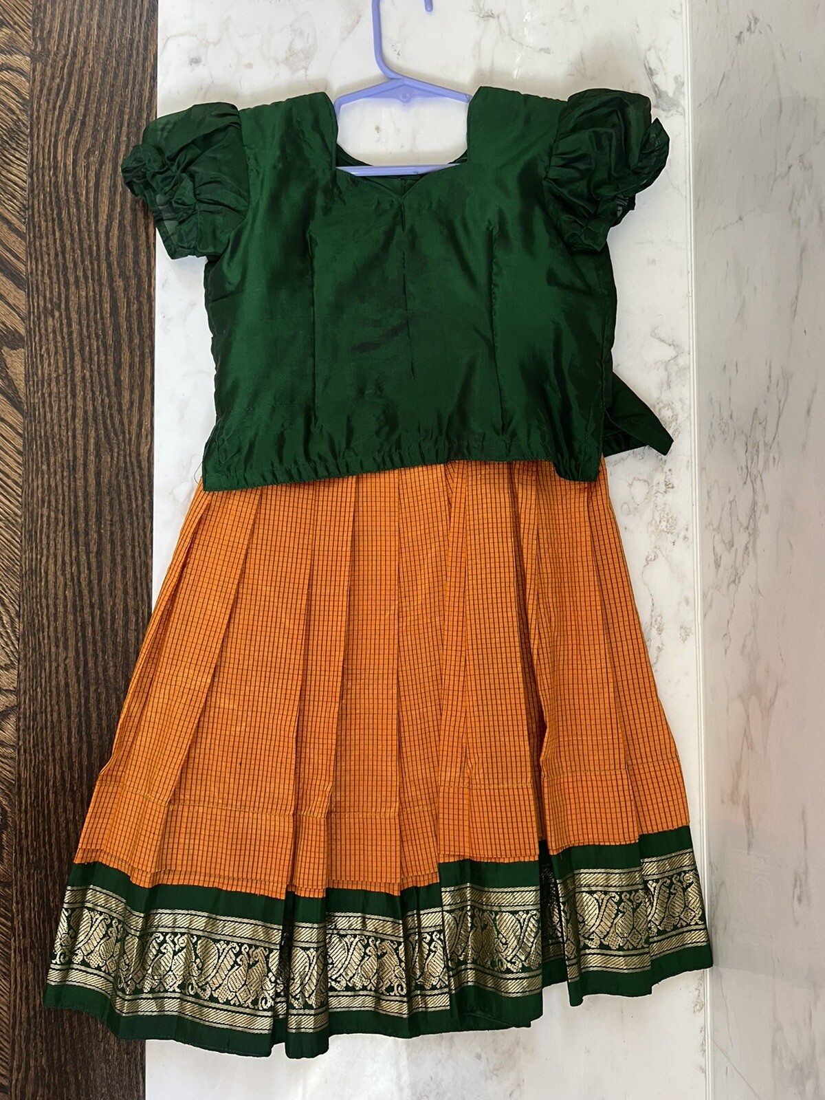 Designer Girls Party Pure Silk Lehenga Choli Pavdi Orange Green chest 24-27