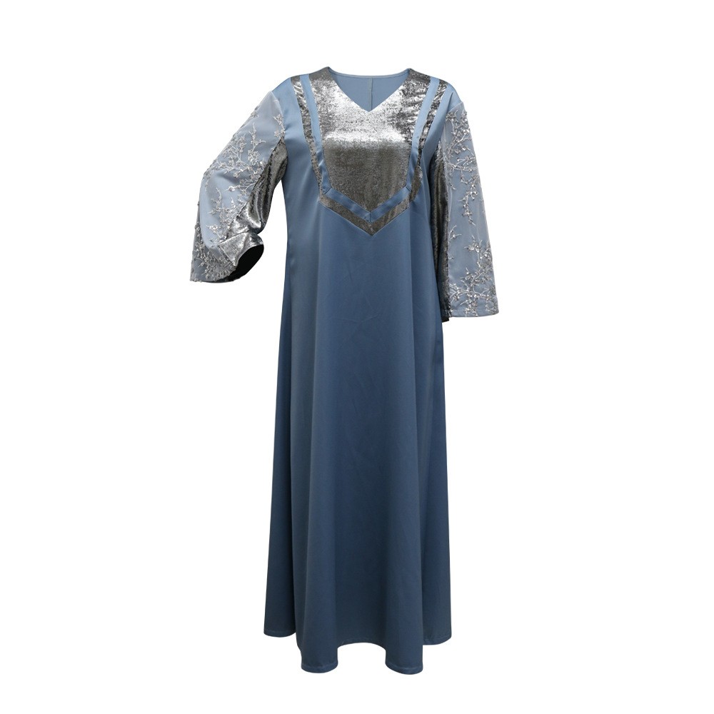 Middle East Round Neck Splice Sequin Retro Abaya Robe Women Plus Size Clothing