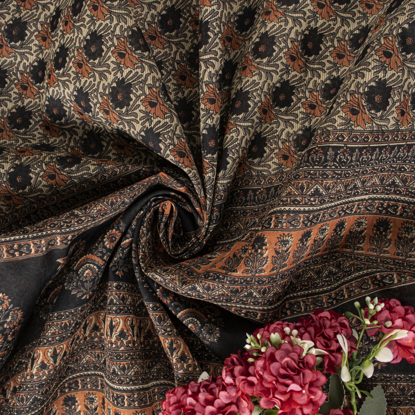 Sanskriti Vintage Saree Cream Pure Cotton Floral Printed Sari 5+Yd Craft Fabric