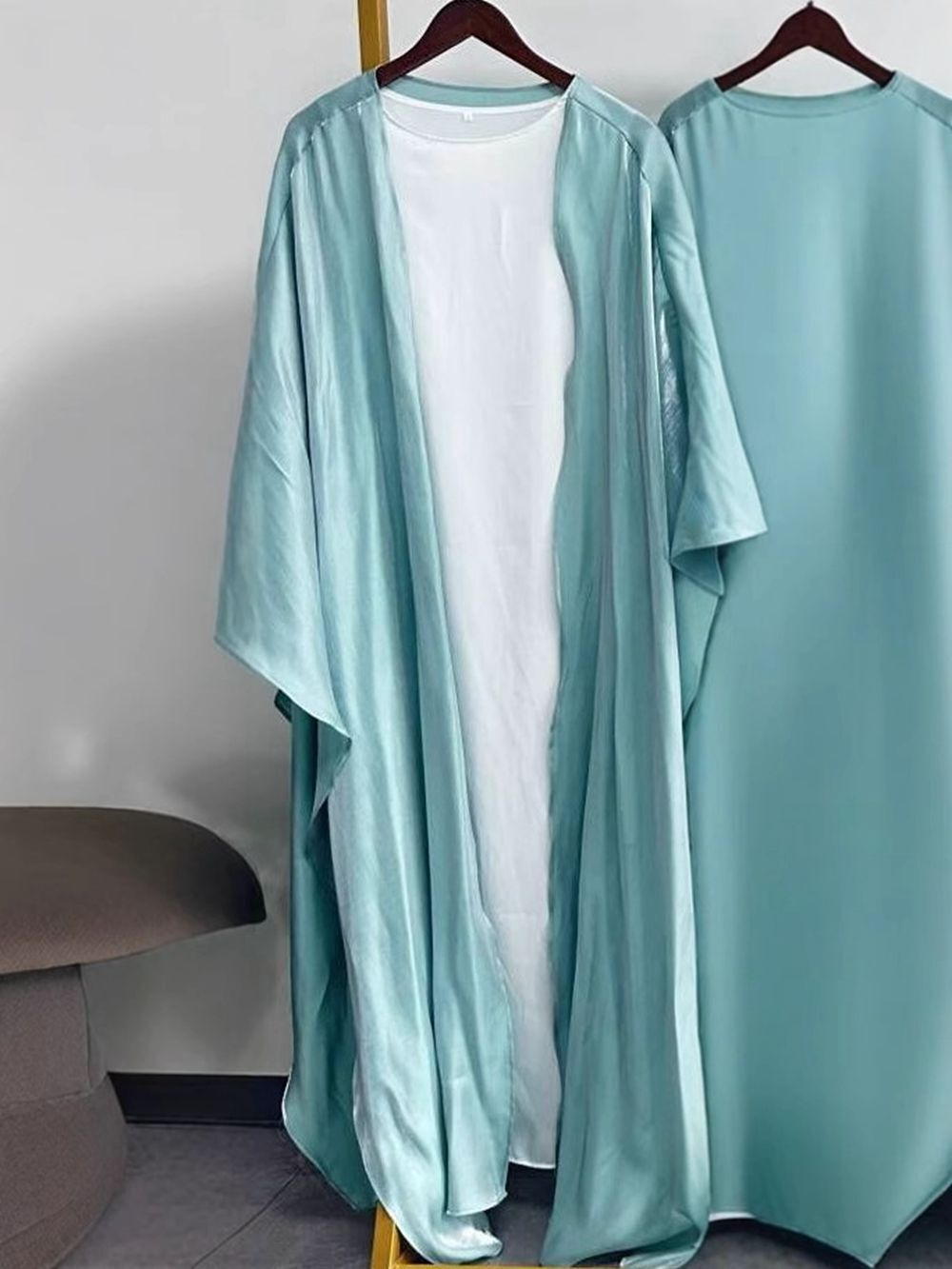 Muslim Women Kids Girls Batwing Sleeve Open Kaftan Kimono With Inner Dress 2pcs