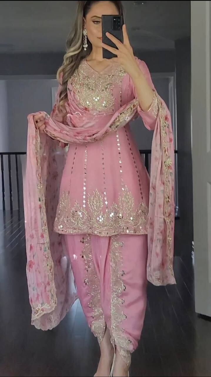 PUNJABI STYLE HEAVY FAUX GEORGETTE TOP DHOTI WITH PRINTED DUPATTA FOR PARTY