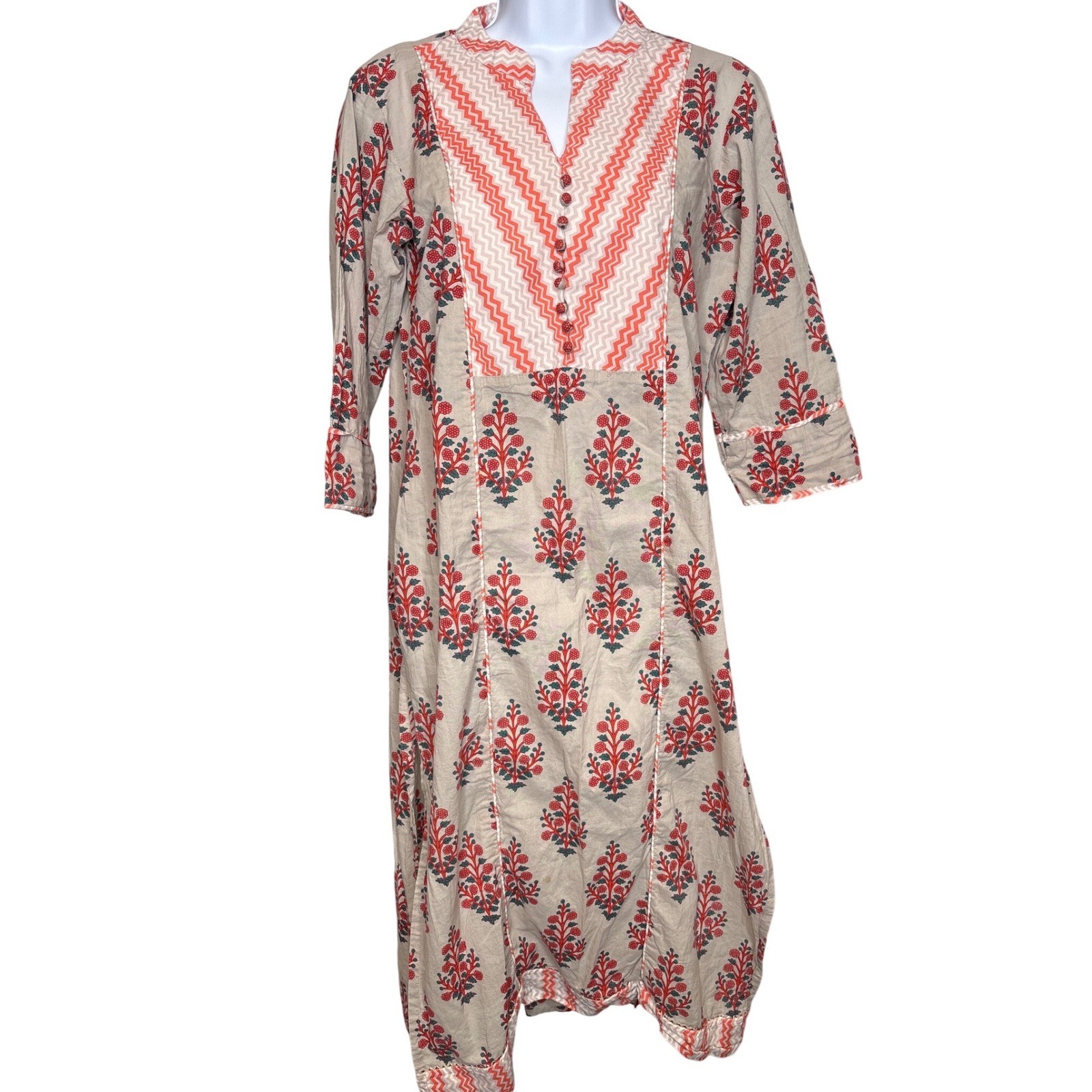 Womens Beige Orange Floral Kurta Tunic Dress L Good Boho Indian Style