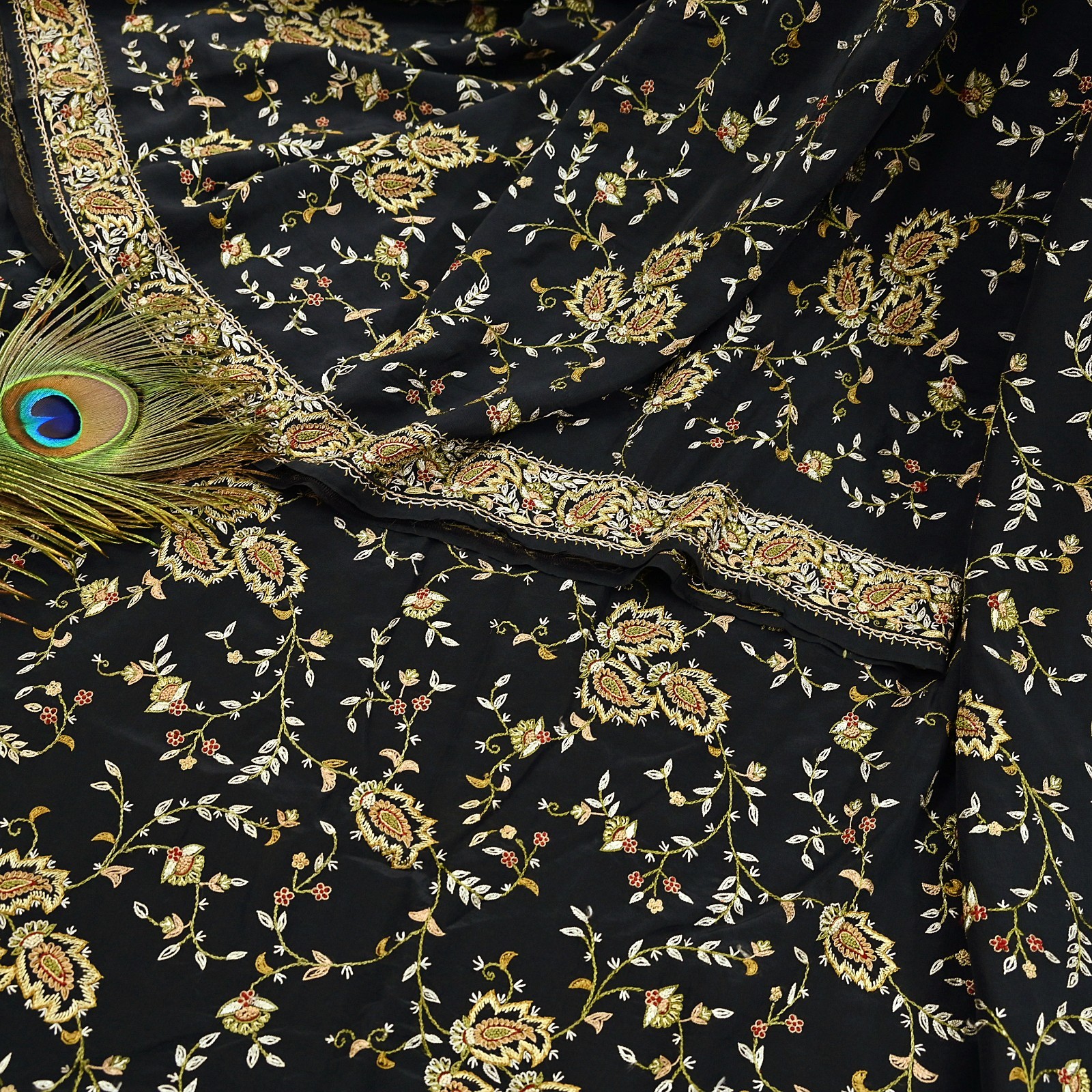 Indian Vintage Black Saree Pure Crepe Silk Hand Embroidered aari work Sari 5yd