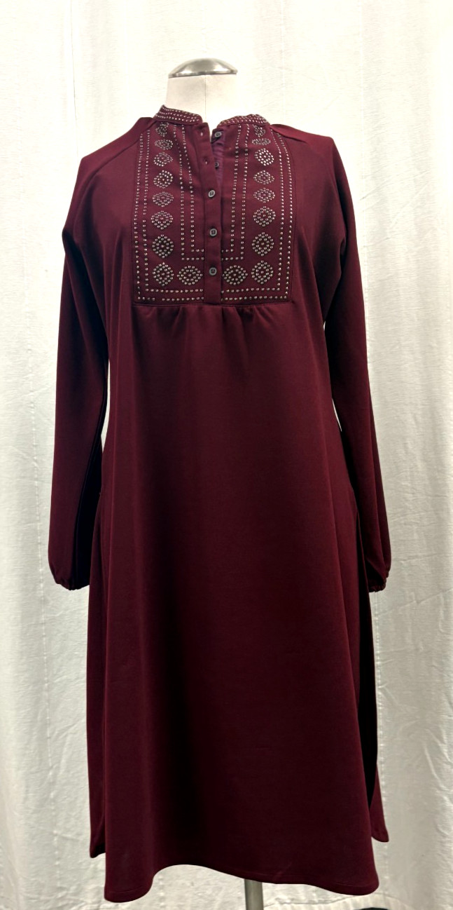 Lakshita Large Kurta Dress Maroon Beadwork Full Length Chambray Tunic Maxi Red