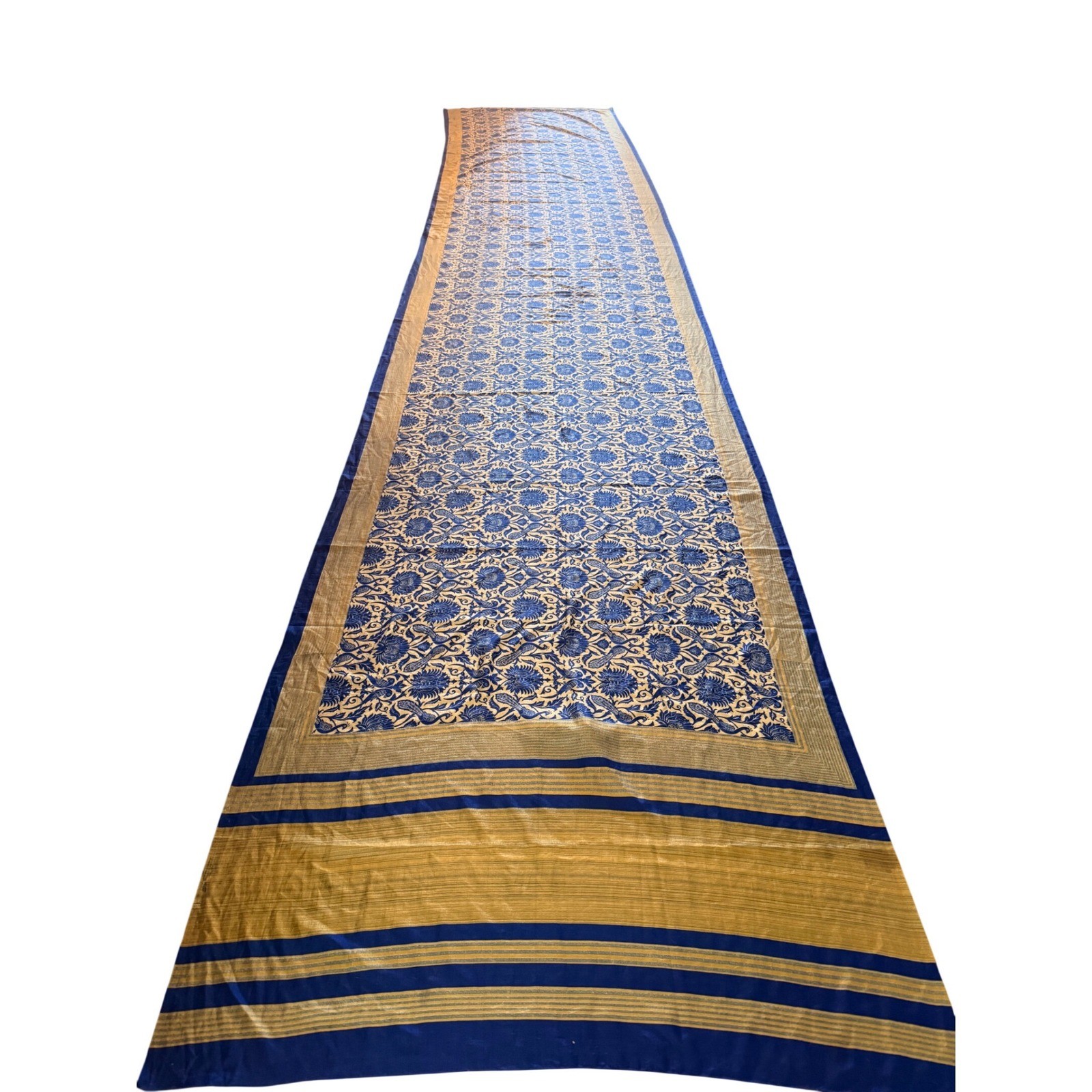 Blue Gold Silk Saree Woven Peacock Motif 18ft Long Luxe Draped Textile
