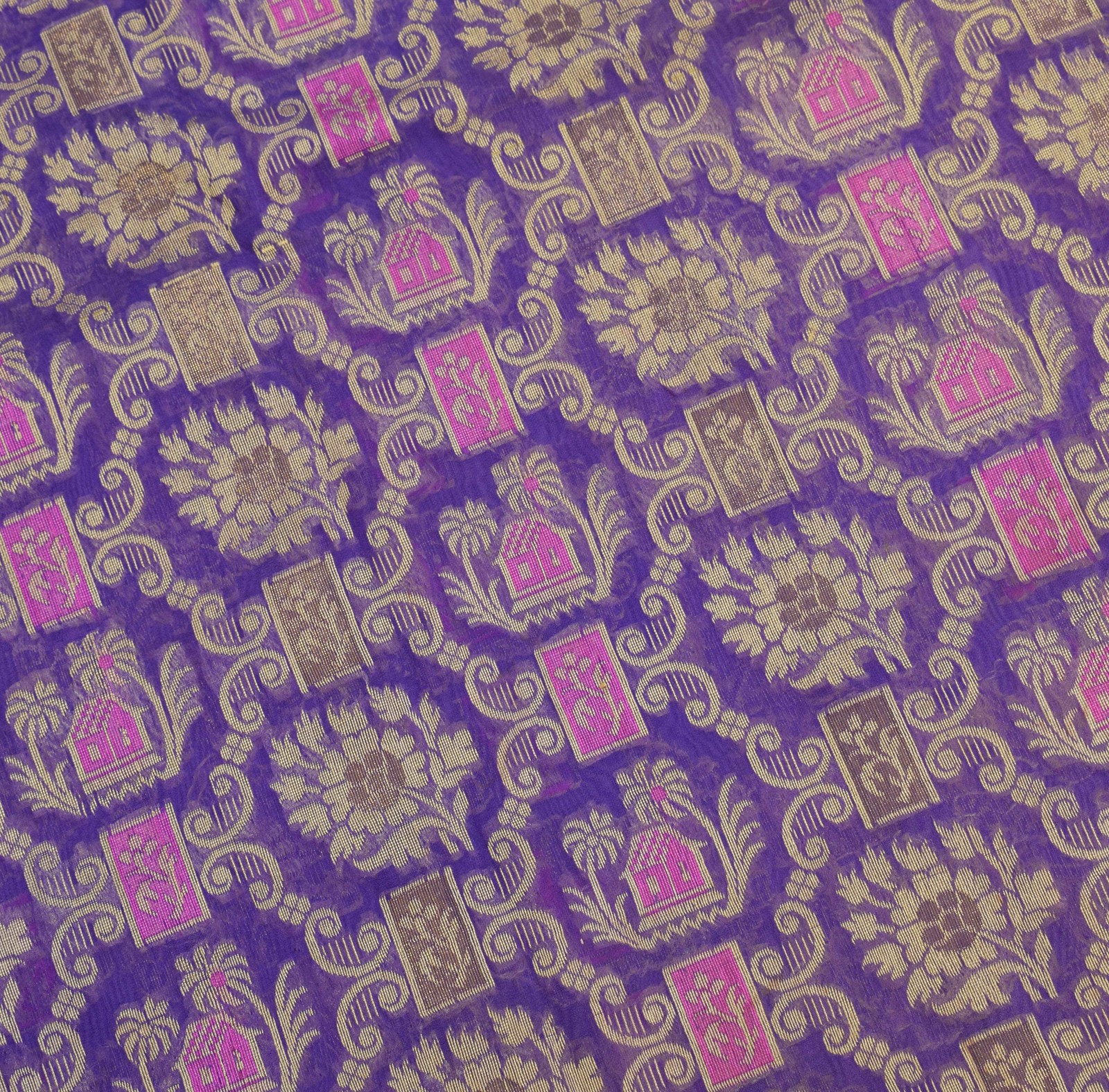 Sushila Vintage Purple Saree Floral Woven Pure Organza Silk Sari Craft Fabric