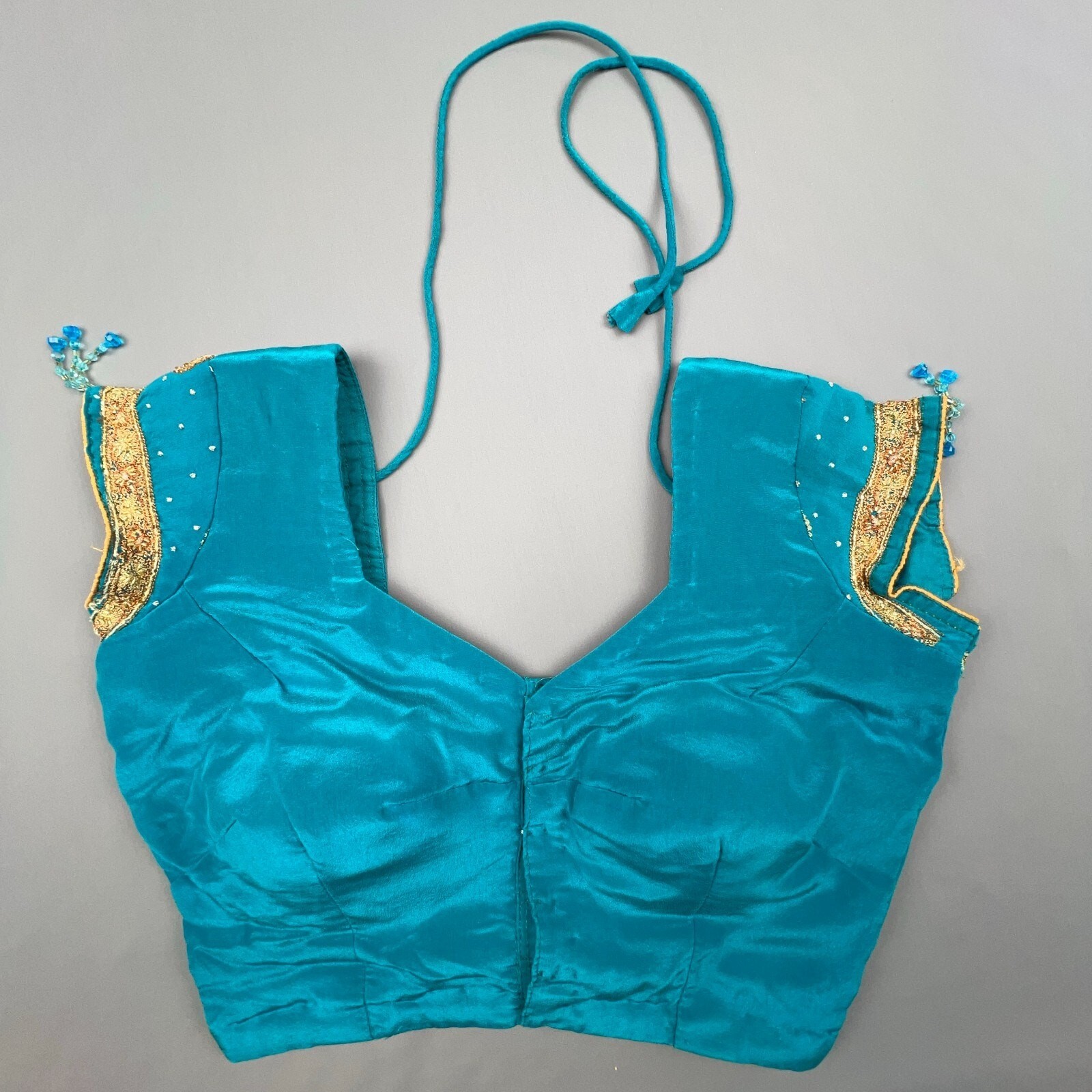 Saree Blouse Peacock Blue Gold Beaded Back Altered Sari Indian Wedding Womens