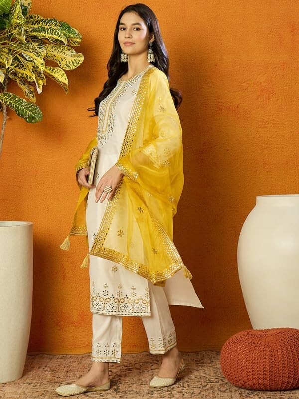 Women’s Silk Blend Solid Straight Embroidered Kurta Pant With Dupatta