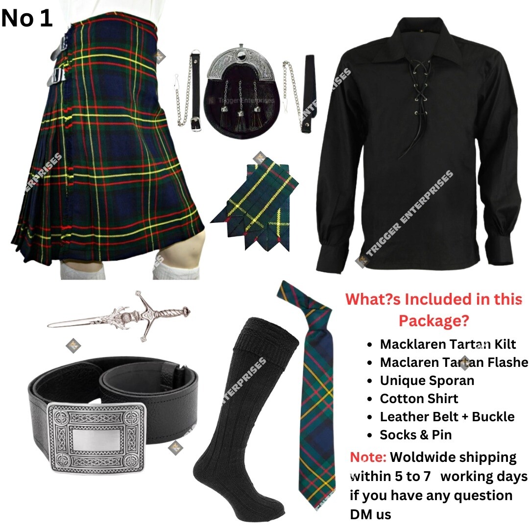 Handmade 8 yard 16oz Maclaren Tartan Kilt Outfit for Men -Custom Sizes Available