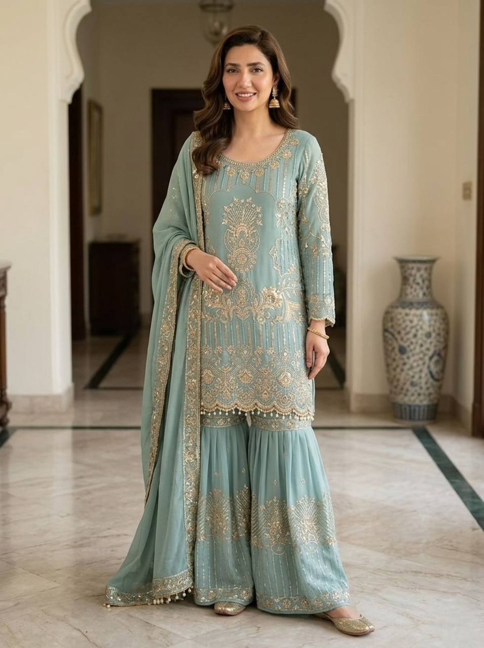 New Sky Blue Georgette Palazzo Suit With Dupatta For Indian Festival Wear
