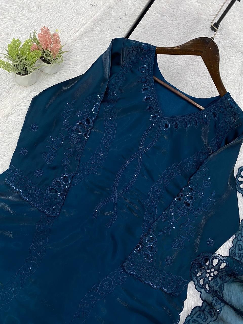 Indian Designer Glass Roman Rama Kurta Pant Dupatta Set Women Wedding Party Wear