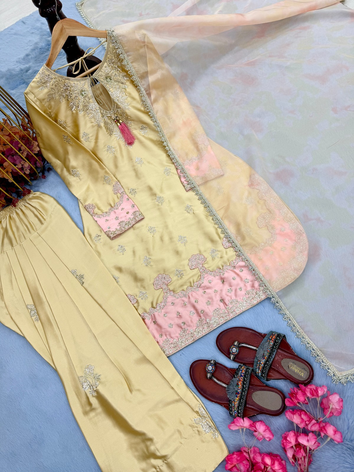 Embroidered satin farshi shalwar suit with dupatta set for women festive wear