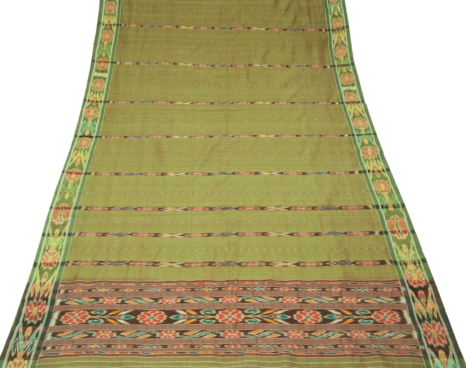 Sushila Vintage Sambalpuri Ikat Saree Pure Cotton Silk Hand Woven Green Fabric