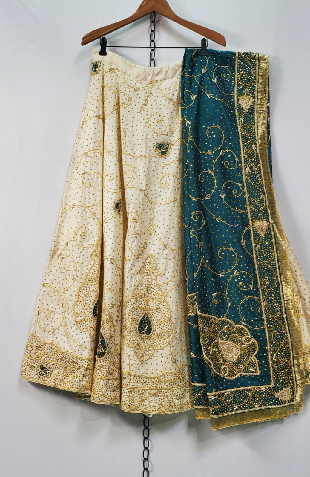 Sari Palace India Lehenga Set White Gold Teal Skirt & Duppati Only All Silk Hand