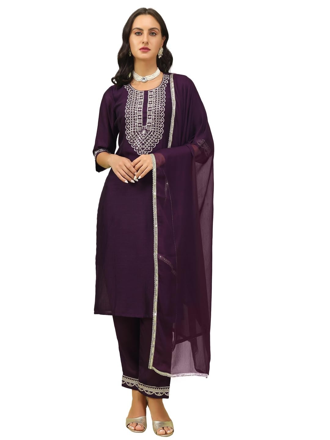 Women’s Silk Blend Embroidered Kurta with Pant & Nazmin Border Lace Dupatta Set