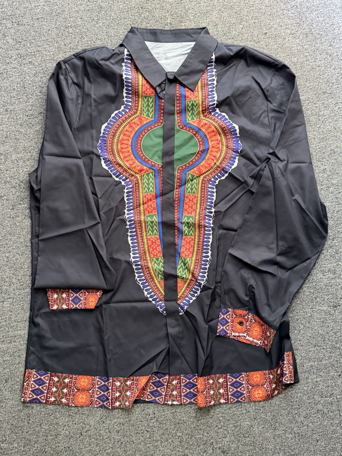 Men’s Dashiki Print Long Sleeve Button Down Shirt Black 3XL 34” Length