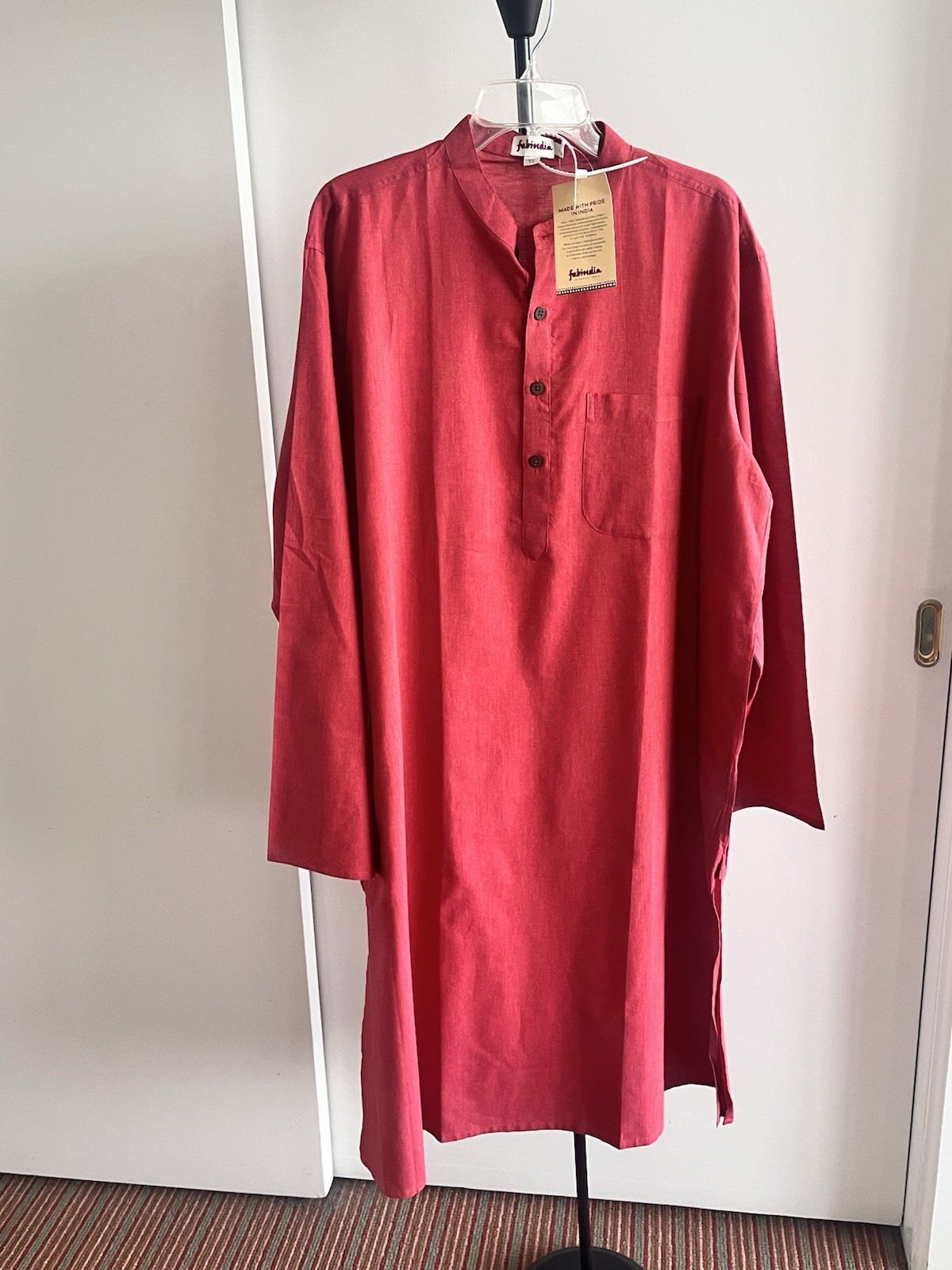 NWT Fabindia Men’s Long Kurta Rust Red 100% Cotton Woven Comfort Fit Large