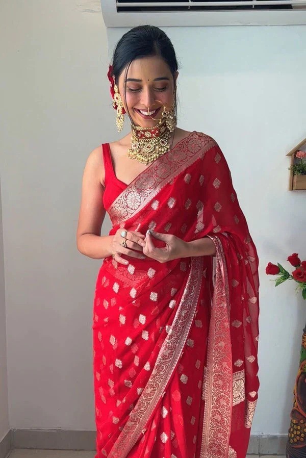 Women’s Red Ready to Wear Cotton Silk Saree With Unstitched Blouse Piece