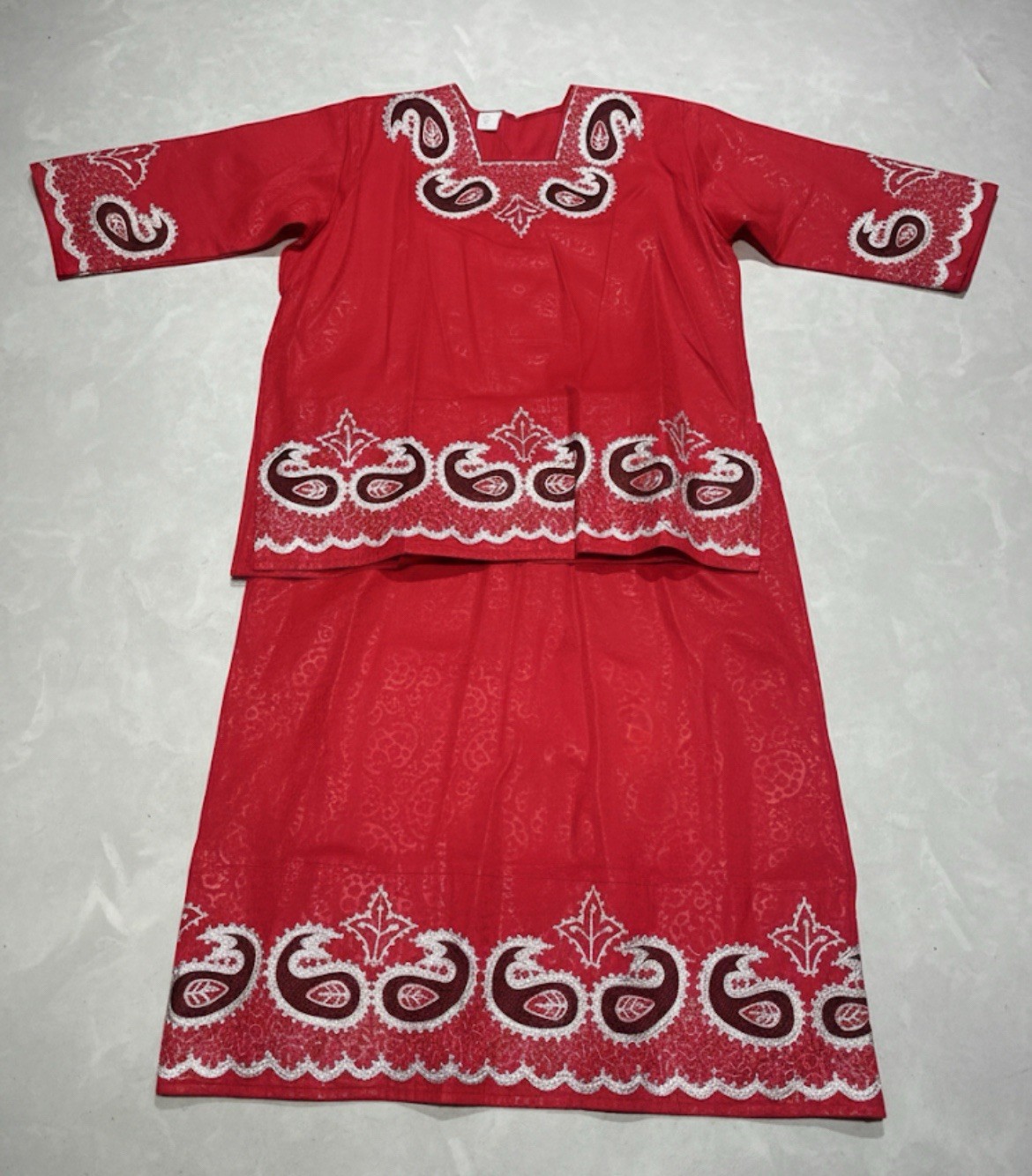 African Star Women’s Red Traditional Embroidered Dashiki Skirt & Top 2pc Set New