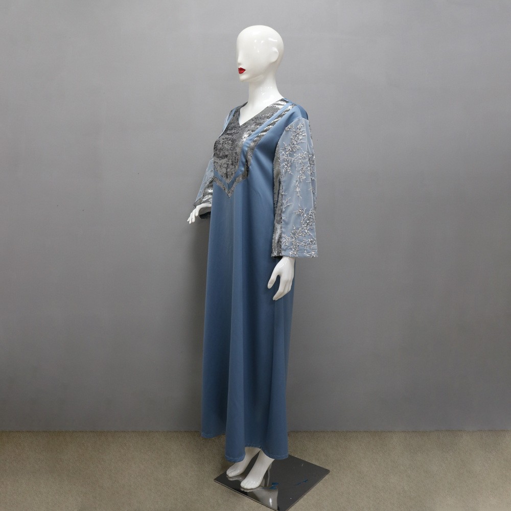 Middle East Round Neck Splice Sequin Retro Abaya Robe Women Plus Size Clothing