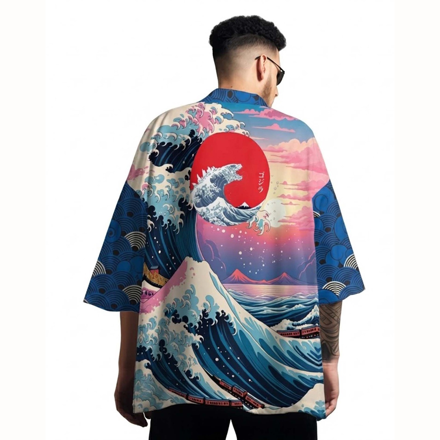 Niepce Men’s Japanese Graphic Lightweight Blue Waves Kimono Cardigan Shirt Top