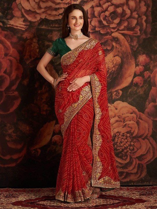 RED COLOR GEORGETTE BANDHNI PRINTED WITH EMBROIDERED WORK SAREE WITH SILK BLOUSE