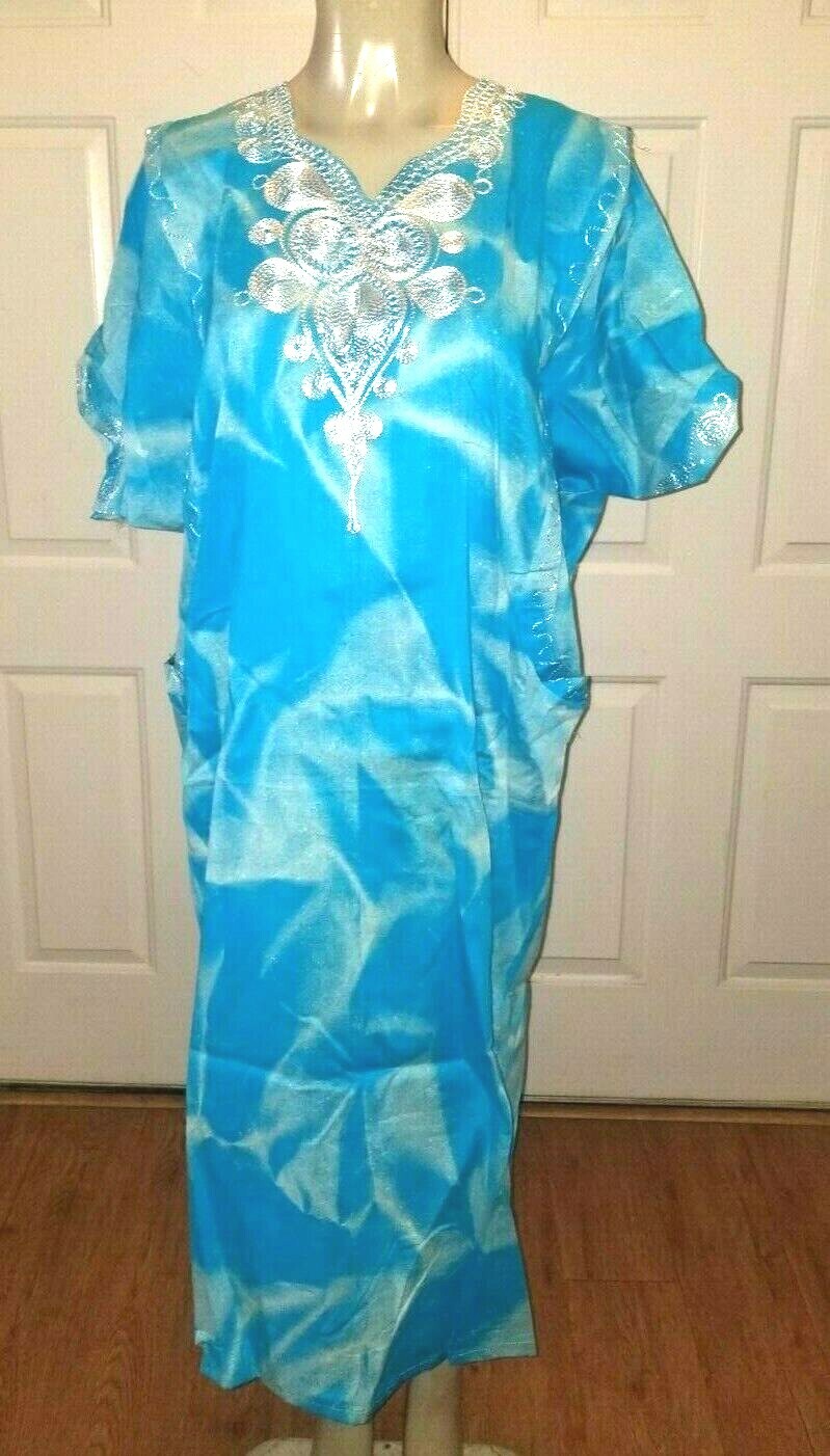 Beautiful Traditional Tribal Dashiki Turquoise & White One Size Small to Large