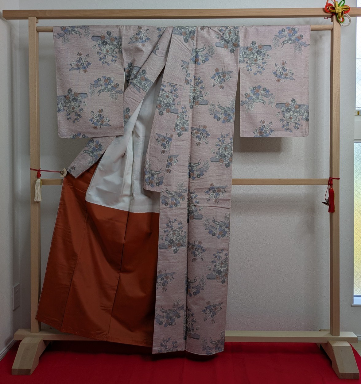 Authentic Japanese Kimono Silk Tsumugi Pink Kasuri Floral Hand-woven Textile Art