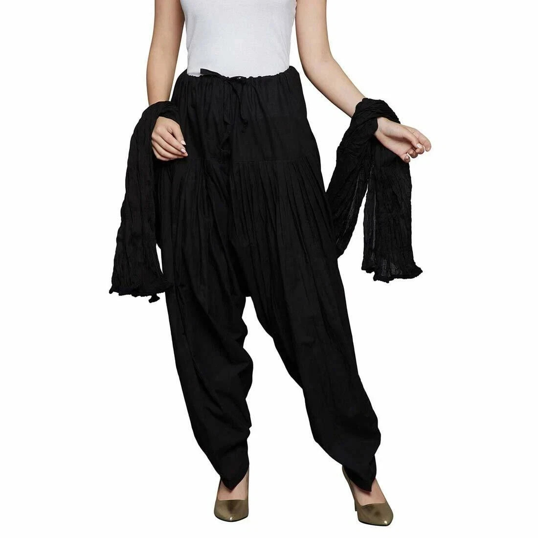 Women Cotton Traditional Patiala Salwar Free Size With Set Chiffon Dupatta Black
