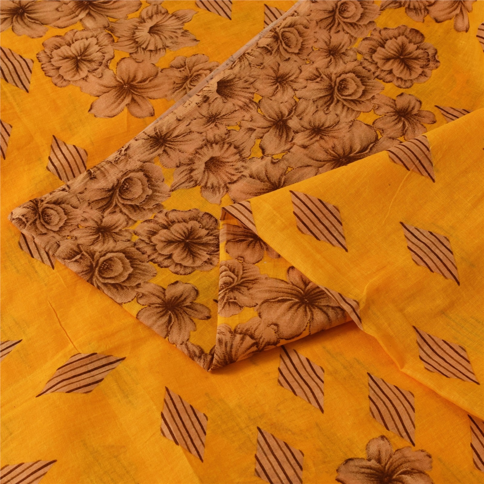 Sanskriti Vintage Sarees Yellow Pure Cotton Floral & Geometric Print Sari Fabric
