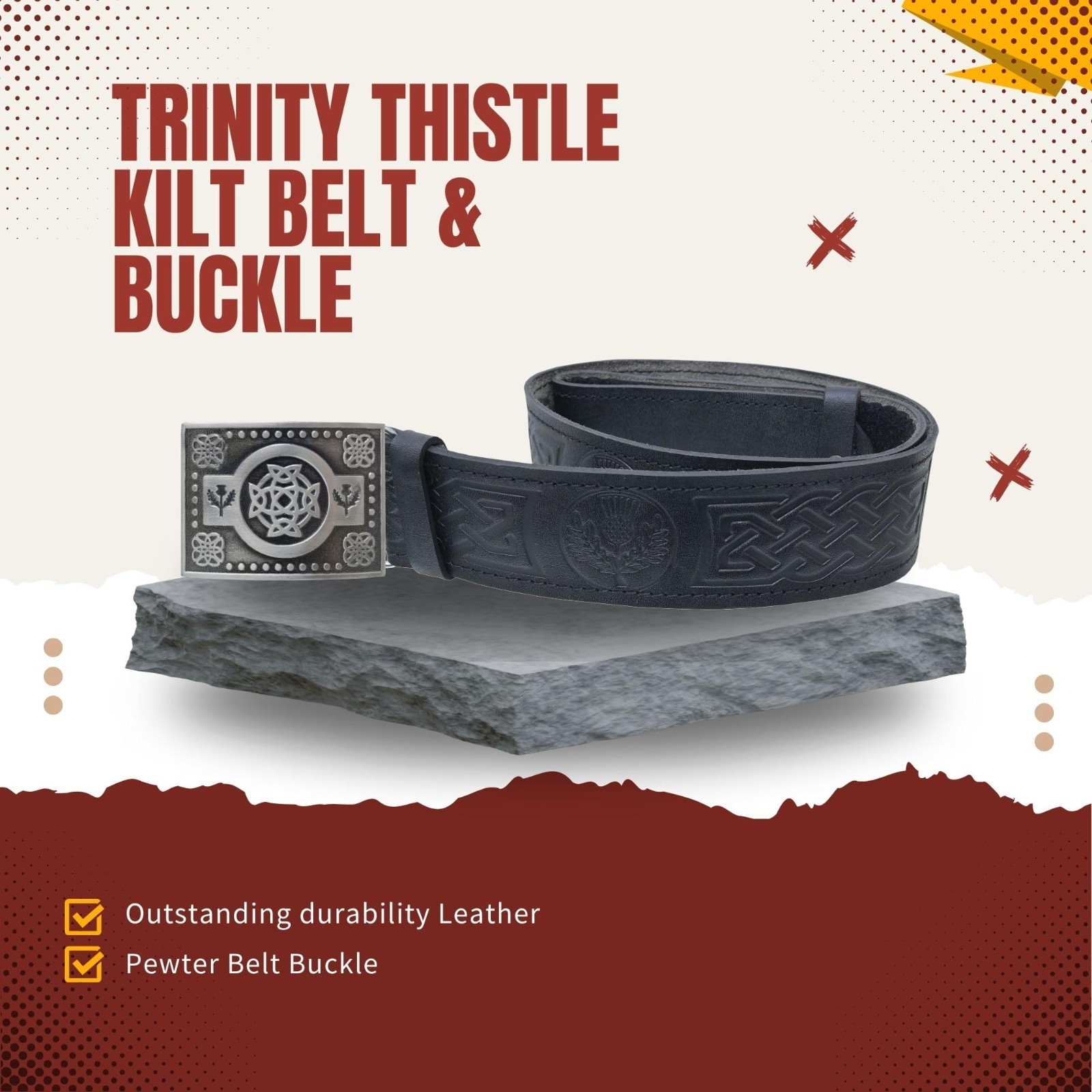 Scottish Thistle Kilt Belt & Buckle Set – Antique Celtic Trinity Design, Men’s K
