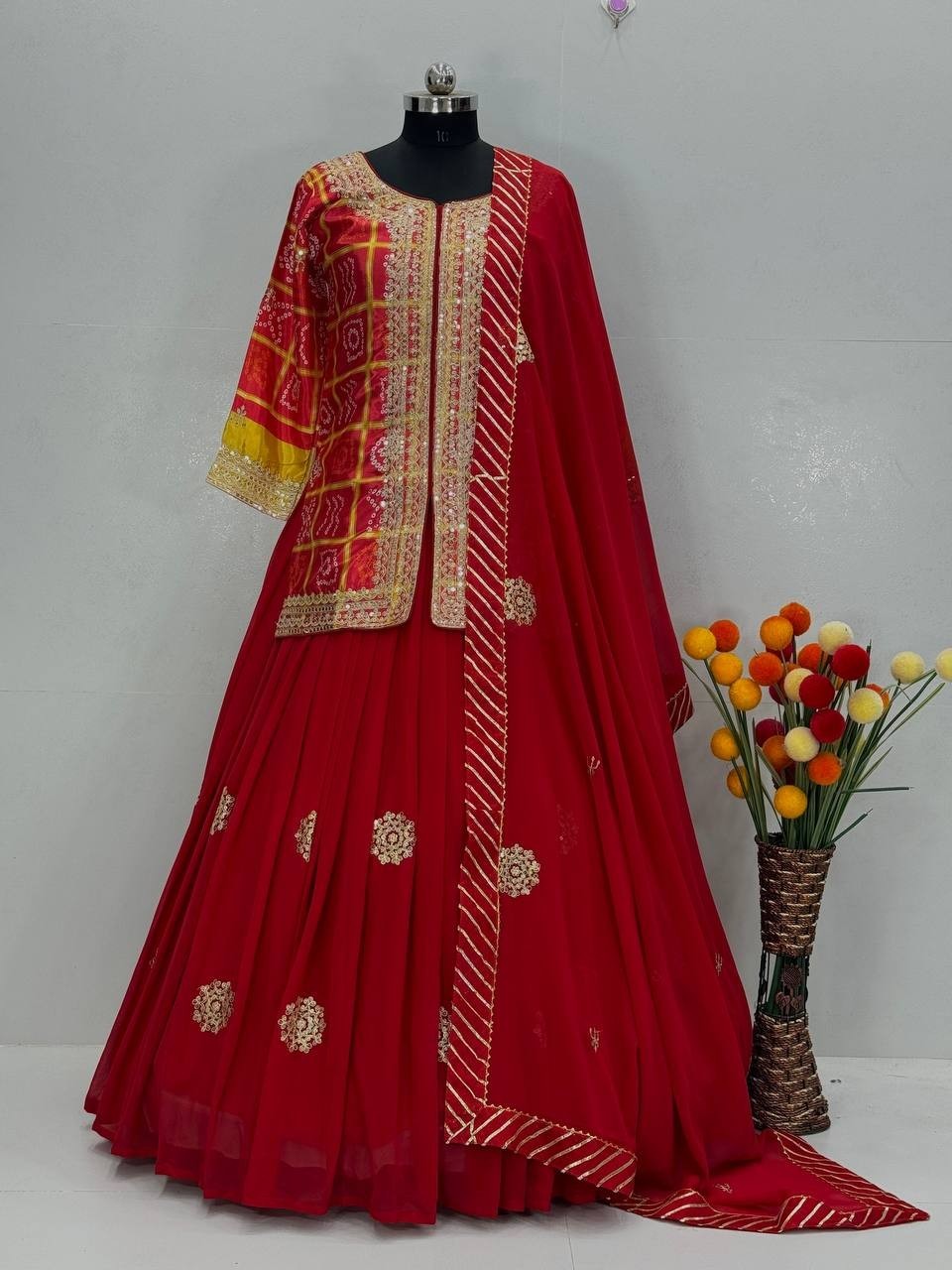 Attractive Designer Red Chinnon Silk Top Lehenga With Dupatta For Women