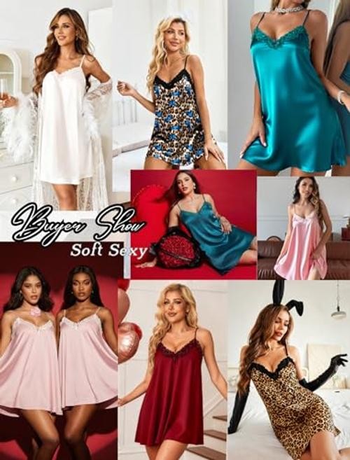 Nightgowns for Women Silk Satin Lingerie Lace Sleeveless XX-Large Blue Green