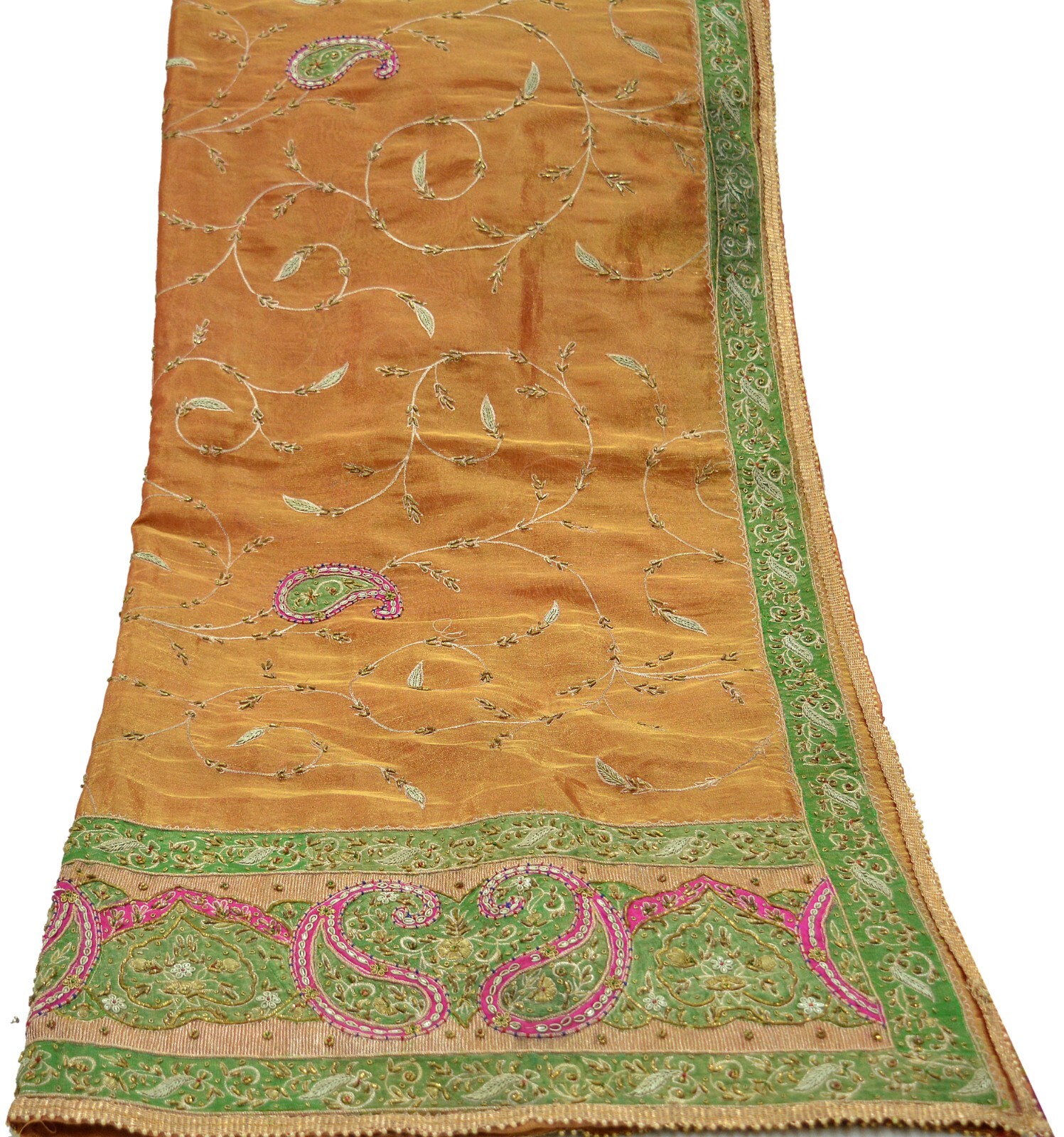 Vintage Heavy Golden Dupatta Pure Tissue Silk Long Stole Hand Embroidered Scarf