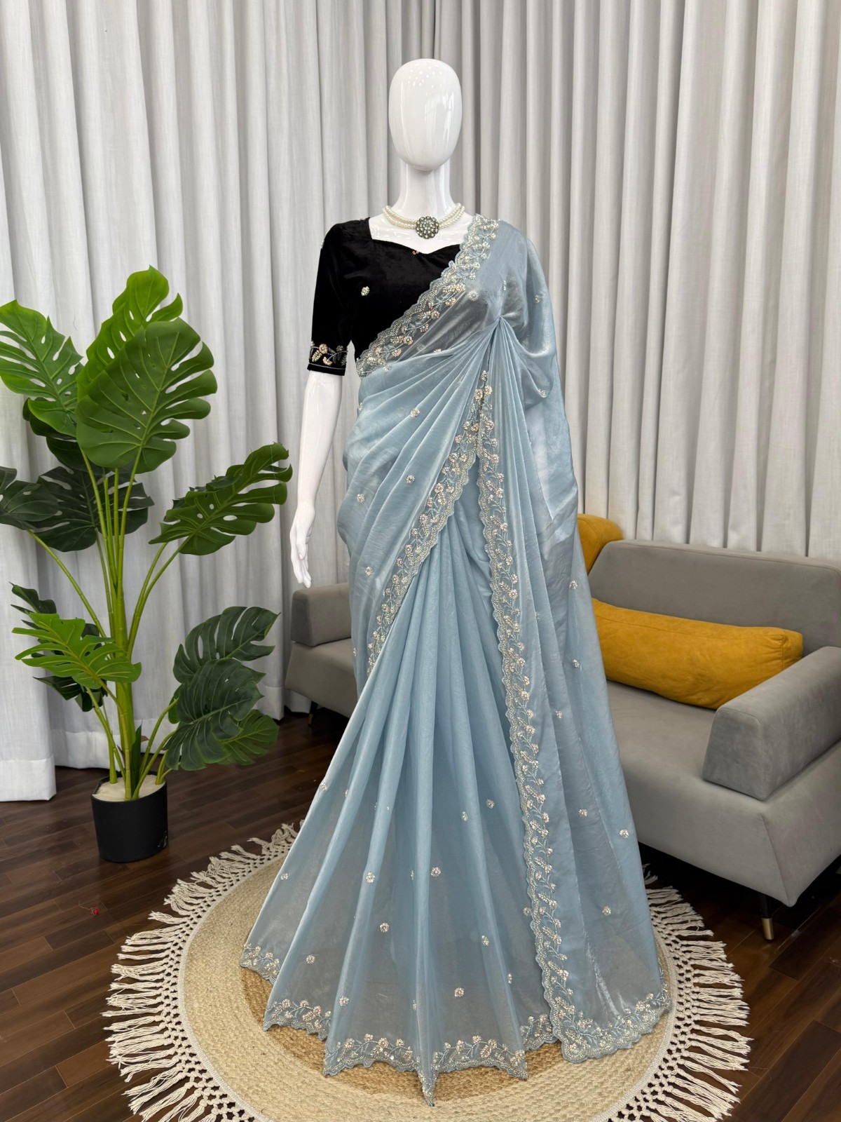 Designer Sky Blue Frendy Silk Beds With Sequins Work New Year Saree Collection