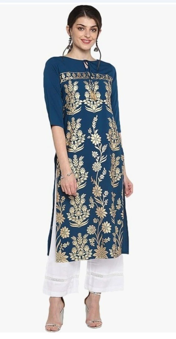Janasya Womens Turquoise Blue & Gold Crepe Kurta Tassel Tie Neck Size Large