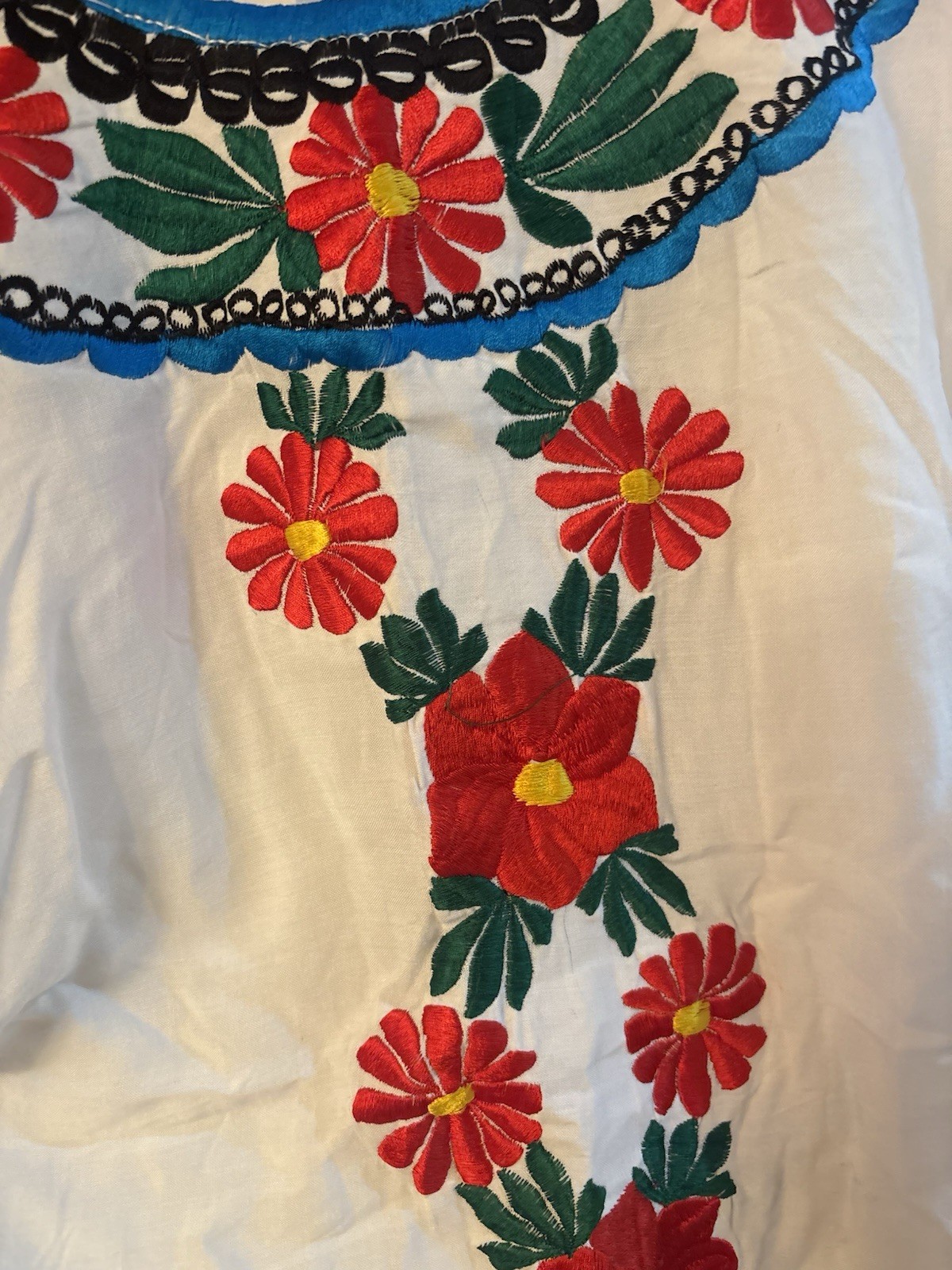 Handmade White Cotton Mexican Dress Embroidered Floral Peasant Style One Size