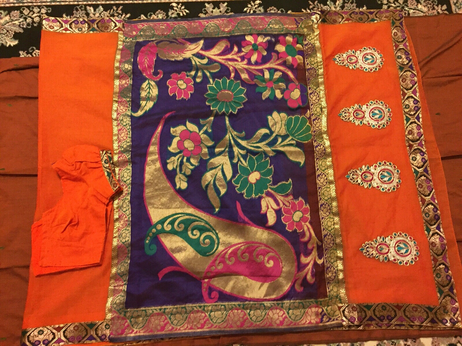 Orange/Purple/Green/Gold Designer Art silk saree w/stitched blouse/Fall