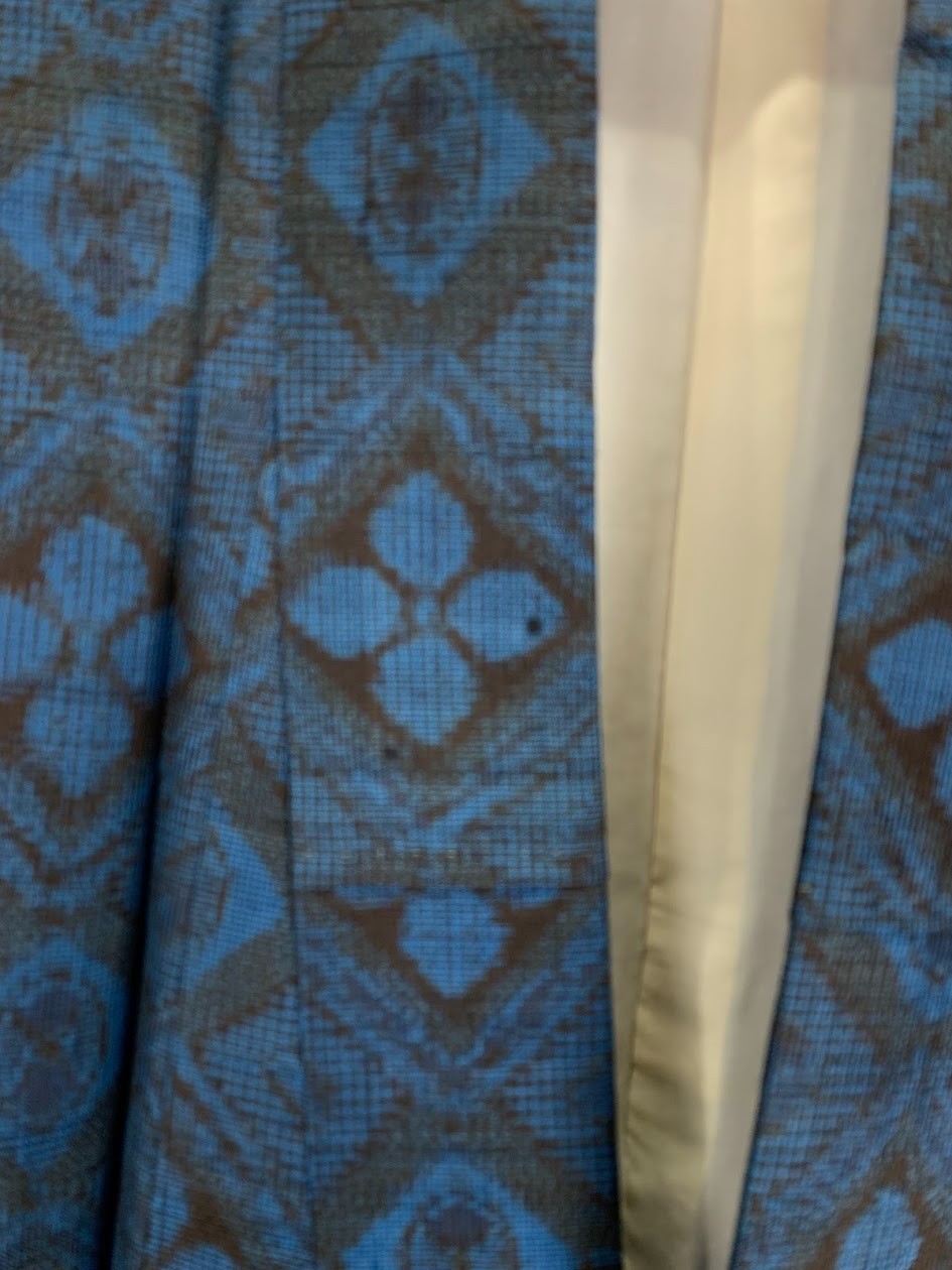 Unused Silk Tsumugi Kimono Floral Geometric Blue Black Japanese Robe Duster Coat