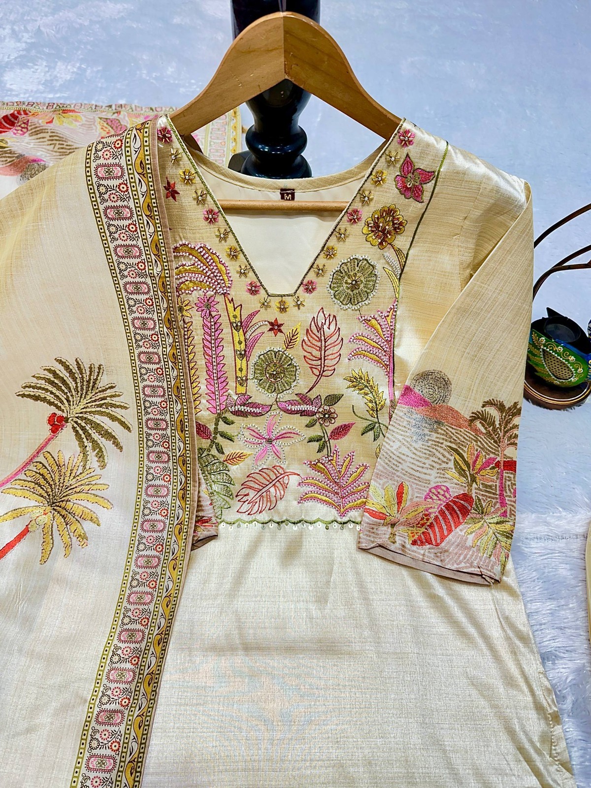 Designer Asam Silk Cream Salwar Kameez With Fancy Dupatta For Indian Party Wear