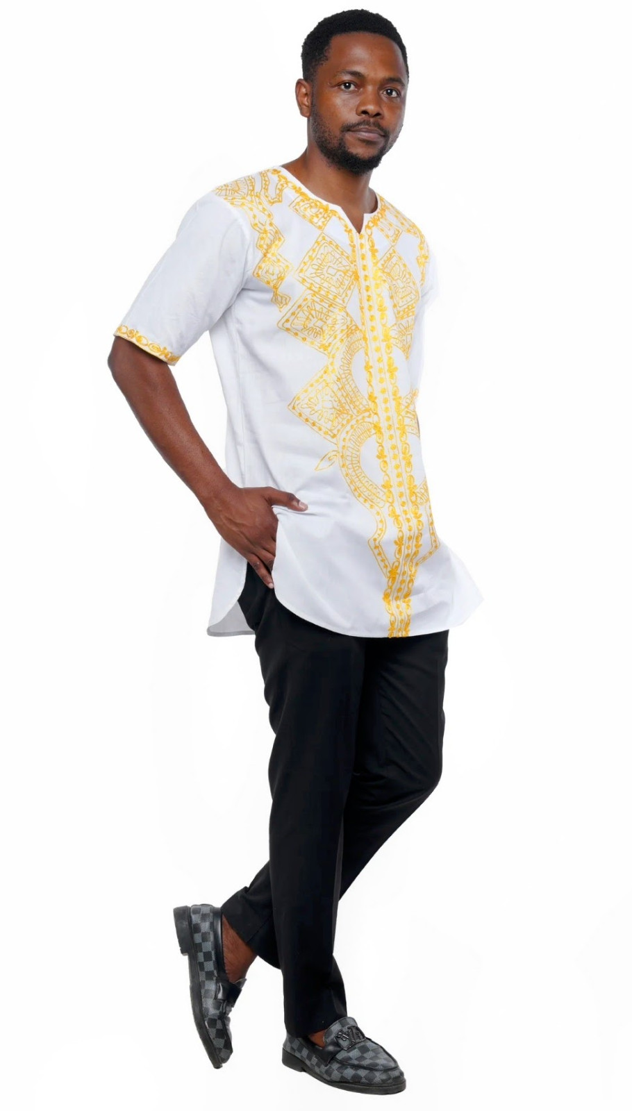 Embroidered African White/Gold Men Dashiki, Cotton, Medium