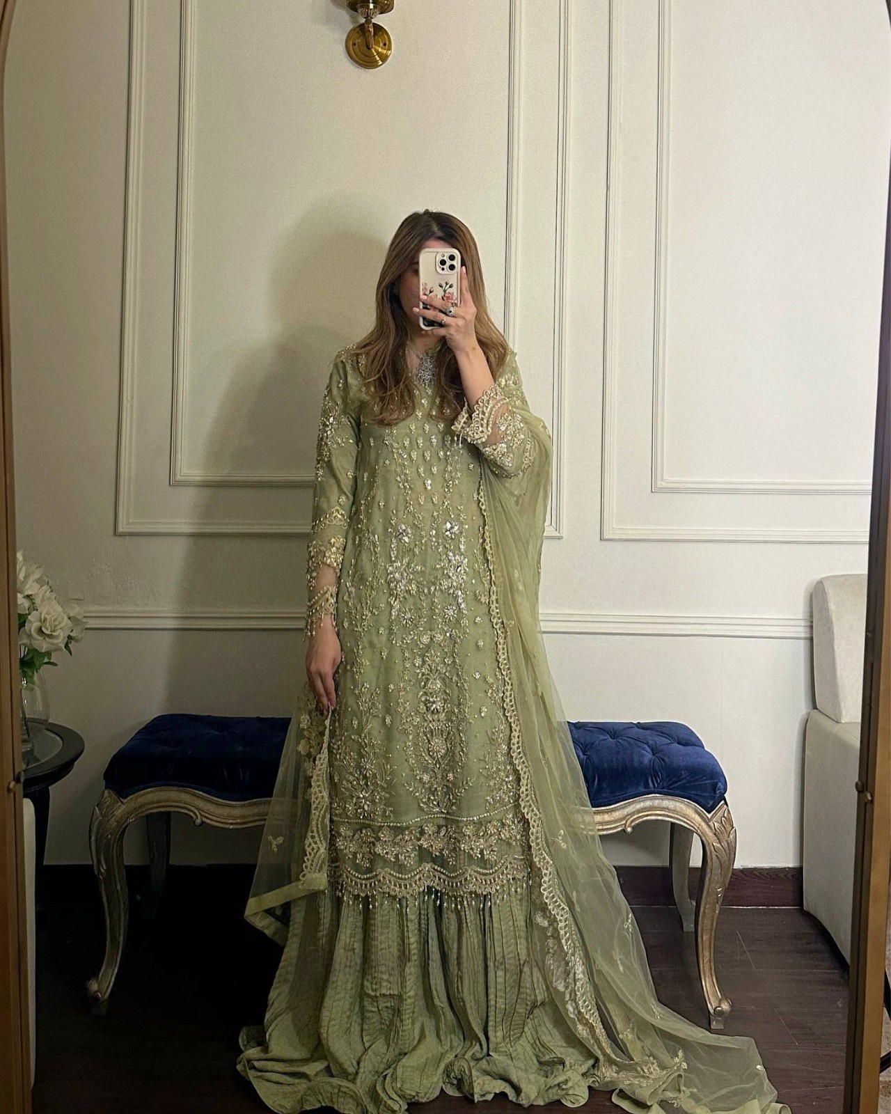 Designer Heavy Georgette Sage Green Top Palazzo With Dupatta For Wedding
