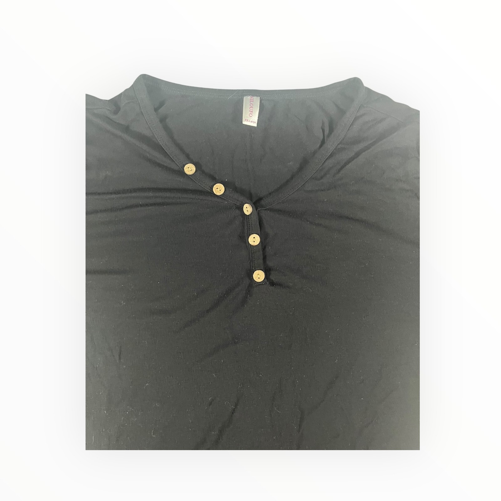 NILOUFO Black Short Sleeve V-Neck Button Henley T-Shirt XX-Large