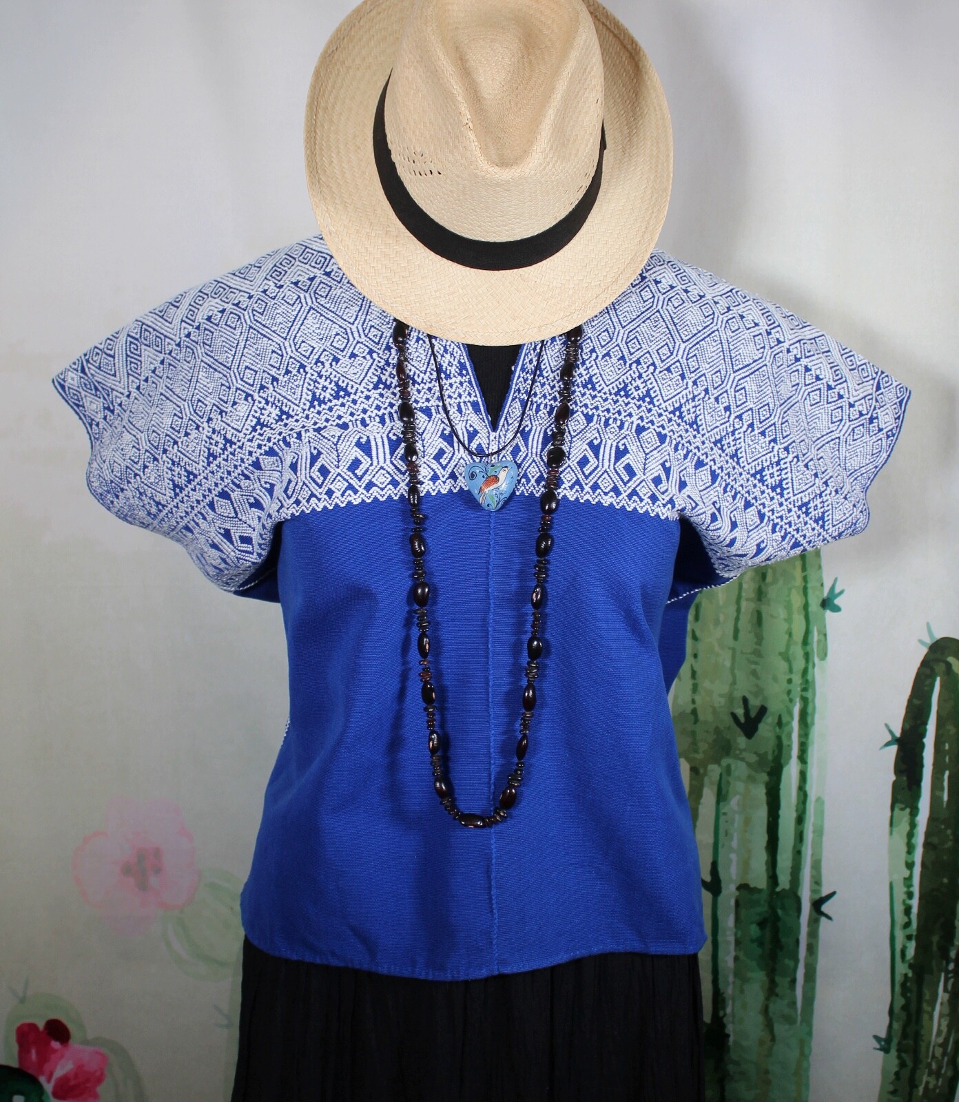 Huipil Blue & White Handwoven Backstrap Loom Mayan Larrainzar Chiapas Mexico