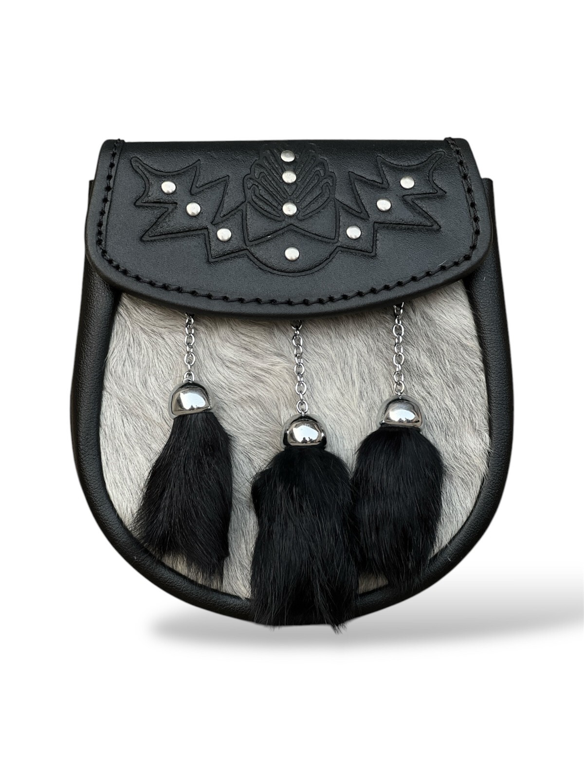 Men’s Scottish Black Leather Embossed Thistle Sporran Three Black Fur Tassel