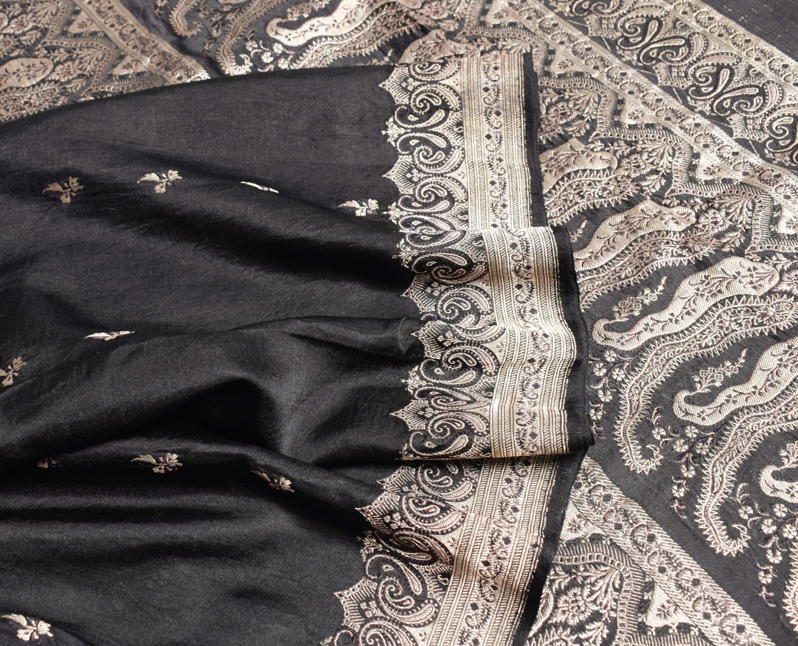 Sushila Vintage Black Heavy Saree Pure Satin Silk Banarasi Brocade Sari Fabric