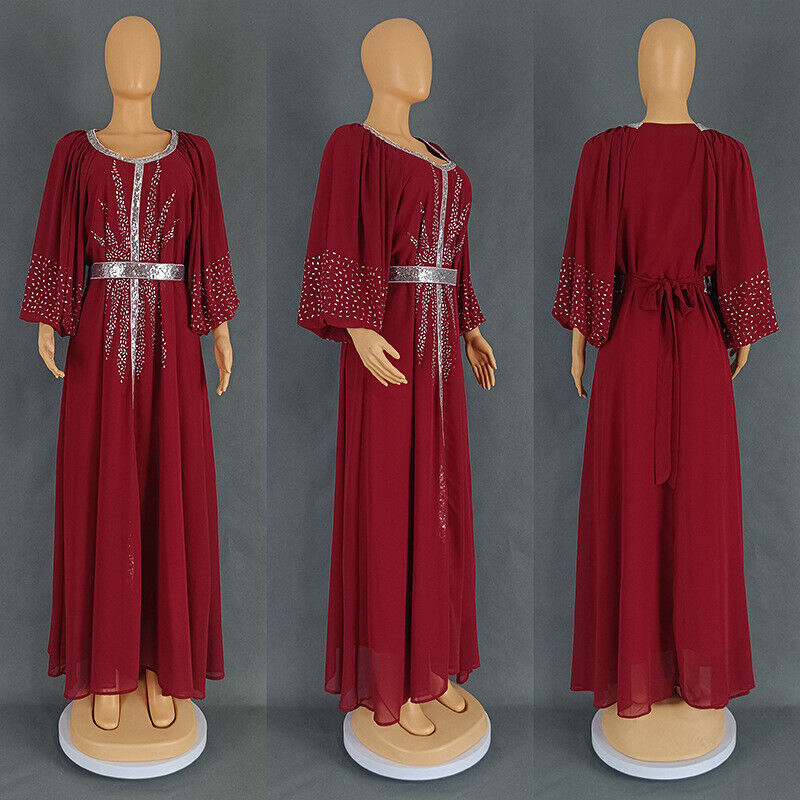 Women Fashion Dress Hot Drill Sequin Gown Chiffon with Belt Muslim Dubai Burqa