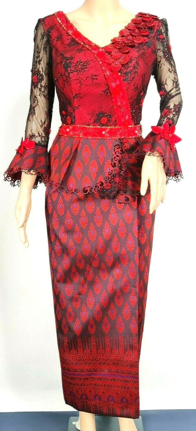 Cambodia Khmer Traditional Clothes 2 Pieces Women Size L Lace/korean silk red