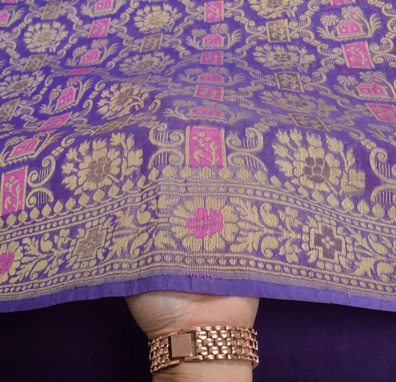 Sushila Vintage Purple Saree Floral Woven Pure Organza Silk Sari Craft Fabric